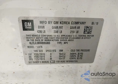 2019 Chevrolet Trax Lt z USA, uszkodzony, nr VIN KL7CJLSBXKB955869